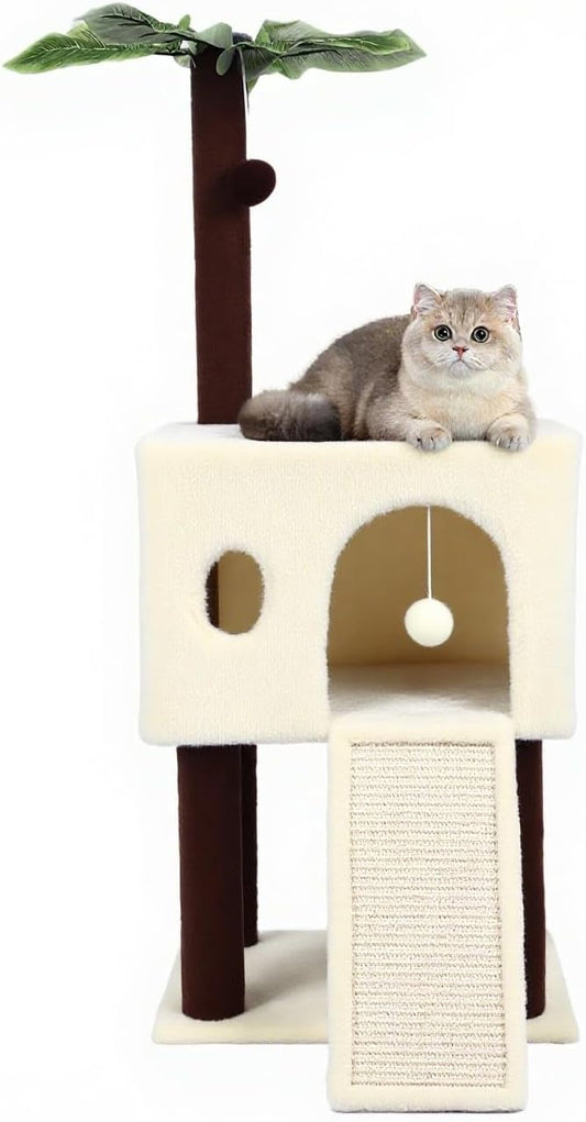 41″ Cat Tree for Indoor Cats Furniture, Cat Tower with Scratching Board, Modern Activity House for Large Cats, Condo with Ball Toys, Kittens Cave, Cat's nest, Beige White