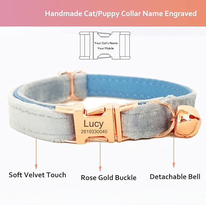 Cat Collar Personalized with Name Engraved and Bell, Customized Velvet Collars for Puppy Kittens (Sky Blue, L)