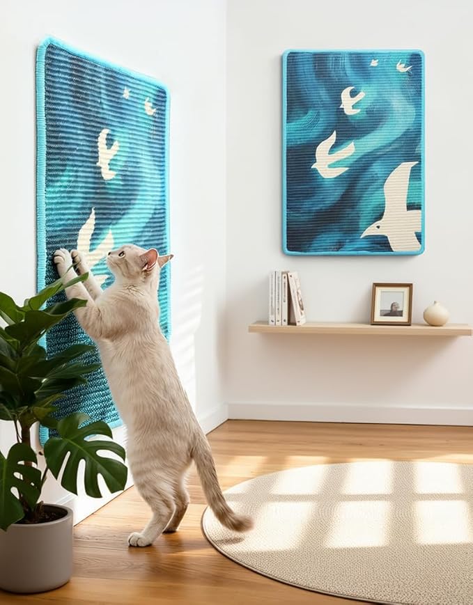 3-in-1 Sisal Cat Scratcher Mat 23.6x15.7'' Protects Carpet Couch & Furniture with Sticker Tape, Floor & Wall Cat Scratching Pad, Anti-Slip, Durable for Indoor Outdoor Cats (Blue Skyward)