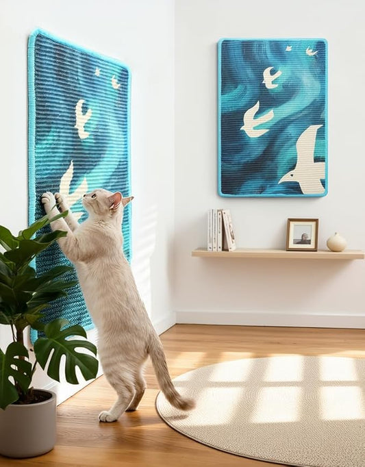 3-in-1 Sisal Cat Scratcher Mat 23.6x15.7'' Protects Carpet Couch & Furniture with Sticker Tape, Floor & Wall Cat Scratching Pad, Anti-Slip, Durable for Indoor Outdoor Cats (Blue Skyward)