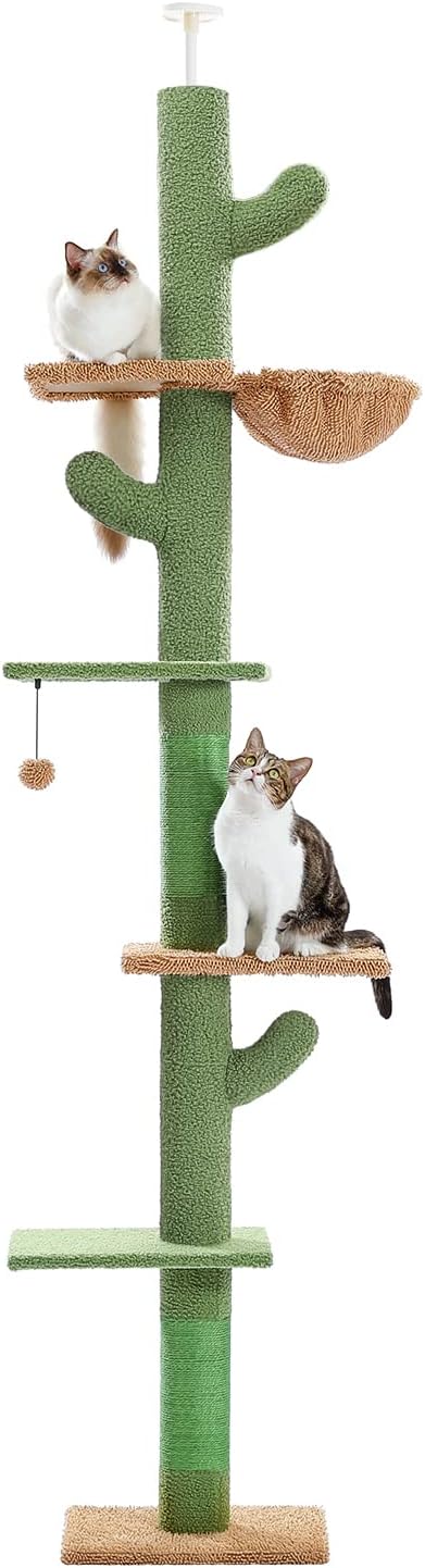 PAWZ Road Cat Tree, Cactus Floor to Ceiling Cat Tower with Adjustable Height(95-108 Inches), 5 Level Cat Climbing Tower with Cozy Hammock, Platforms and Dangling Balls for Indoor Cats