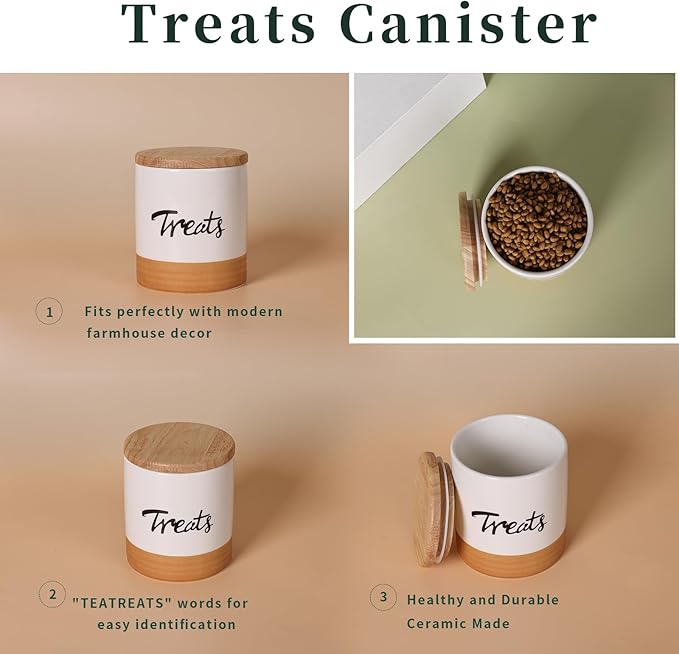 LEETOYI Cat Treat Container with Lid, Ceramic Dog Treat Jars Modern, Farmhouse Kitchen Decor, Cat Treat Storage Caddy Organizer, 4.5 Inch 31oz White