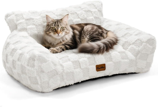 Made4Pets Cat Couch Bed, Soft Faux Fur Checkered Pet Sofa, Calming Fluffy Cat Sofa with Supportive Foam, Removable Washable Cover with Non-Slip Base, White, Small