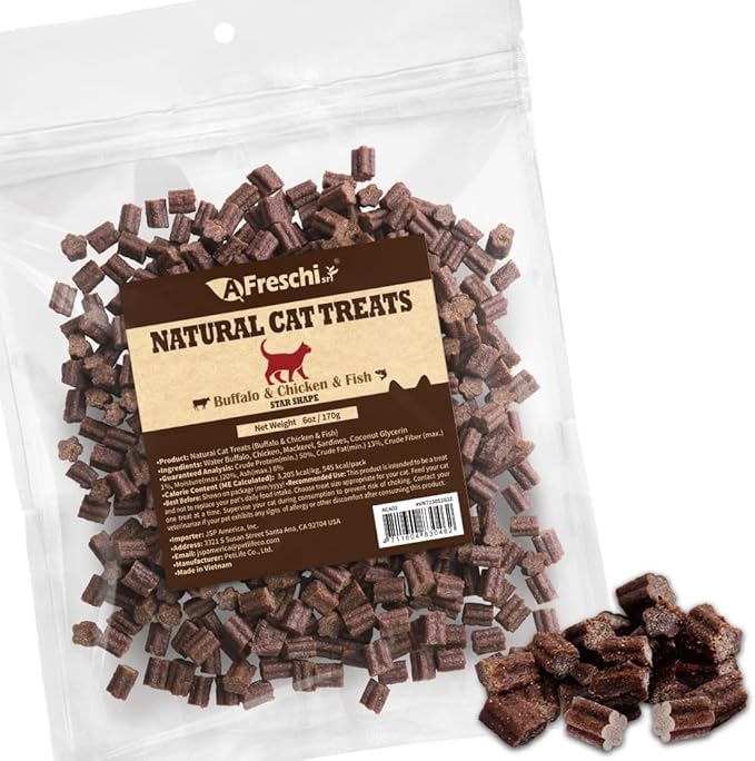AFreschi Natural Cat Treats Buffalo& Chicken & Fish Star Shape 6 oz, All-Natural, High-Protein, Grain-Free, Healthy, Low-Fat, Easily Digestible