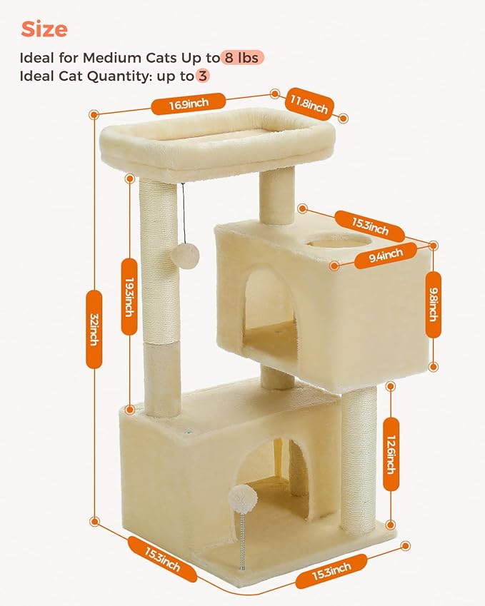 32" Cat Tree Tower for Indoor Cats - 2 Cozy Condos, Multi-Level Cat Scratching Posts with Sisal, Soft Padded Perch, 2 Dangling Toys, Beige