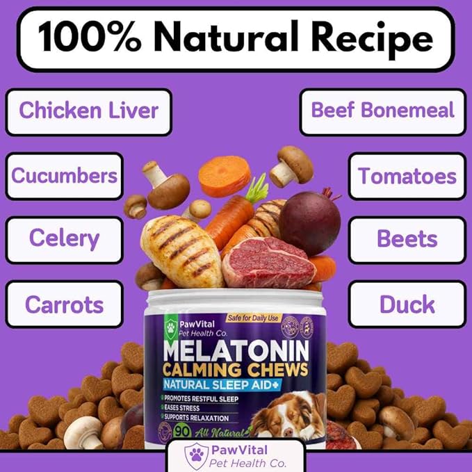 Melatonin Calming Chews for Dogs – Natural Sleep Aid & Anxiety Relief – Dog Calming Treats with Chamomile, Valerian Root, Ashwagandha & Theanine – 90 Soft Chews for Small & Large Breeds