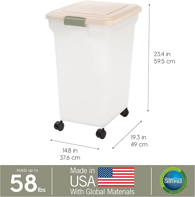 IRIS USA 58 Lbs / 67 Qt WeatherPro Airtight Pet Food Storage Container with Attachable Casters, For Dog Cat Bird and Other Pet Food Storage Bin, Keep Fresh, Translucent Body, Pearl/Almond