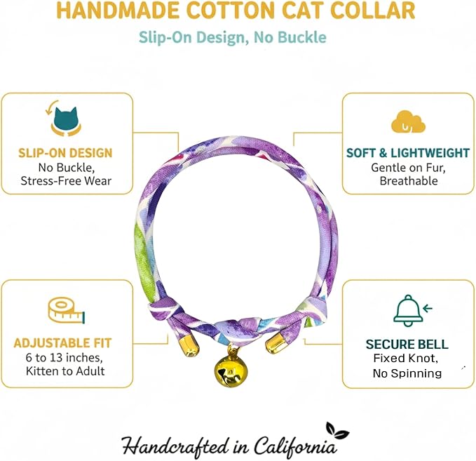 Handmade Cotton Cat Collar with Bell – Adjustable Slip-On Design, No Buckle, Lightweight Rope Collar for Kittens, Indoor Cats, and Small Pets (Plum)