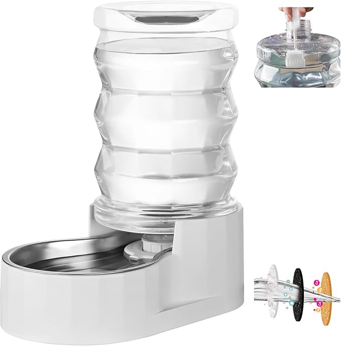 RIZZARI Automatic Gravity Pet Waterer: 7L White Stainless Steel Water Dispenser - Large Capacity with Triple Filter and Specialized Brush for Senior Dogs with Spinal Issues - for Living Room Bedroom