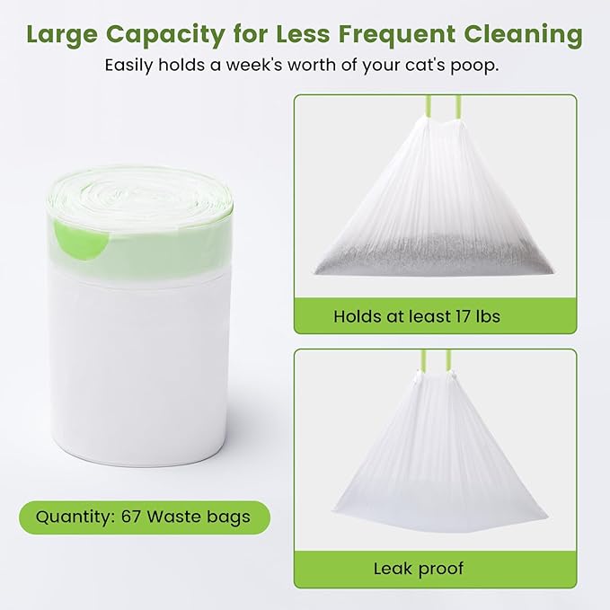 Cat Litter Liner Bags Compatible with Litter Box Robot 3, 4 and Most Self-Cleaning Litter Boxes, 67 Count drawstring Kitty Automatic Waste Drawer Liners, Disposable Pet Trash Replacement Bags