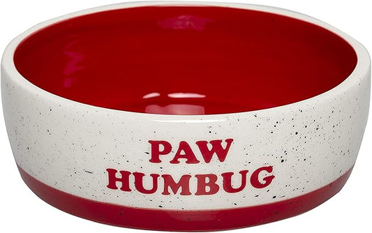 Pearhead Ceramic Paw Humbug Dog Bowl, Holds 3 Cups, Christmas Holiday Speckled Stoneware Design, Pet Feeding Dish, Microwave and Dishwasher Safe, Medium