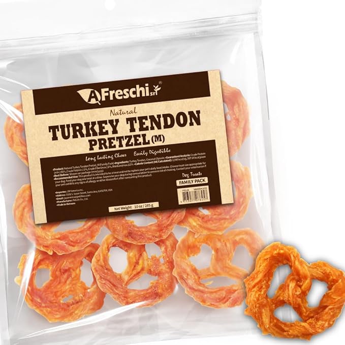 Afreschi Natural Turkey Tendon Pretzel (M) 10 oz, USA-Sourced Turkey Tendon, All Natural Puppy Chew, Hypoallergenic, Rawhide Alternative, for Medium Breeds