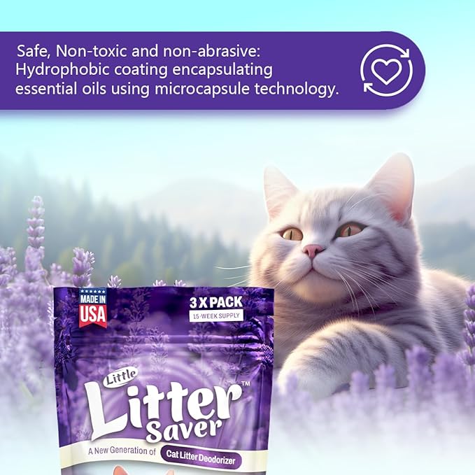 Little Litter Saver | a New Generation Of Cat Litter Box Deodorizer | Unique Slow Release Formula | Natural Fresh Scent | Up to 15 Weeks Supply | 3 x 0.5oz bags (Lavender)