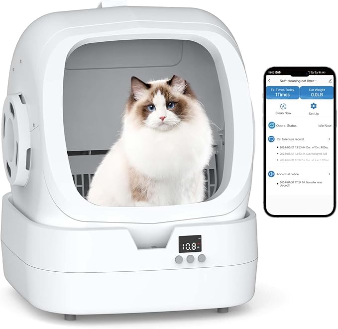 Automatic Cat Litter Box Self Cleaning - APP Control and Weight Monitoring - Ultra-Quiet, Suitable for Medium Cats and Kittens, Safe Anti-Pinch Litter Box (Assembly Required) - White