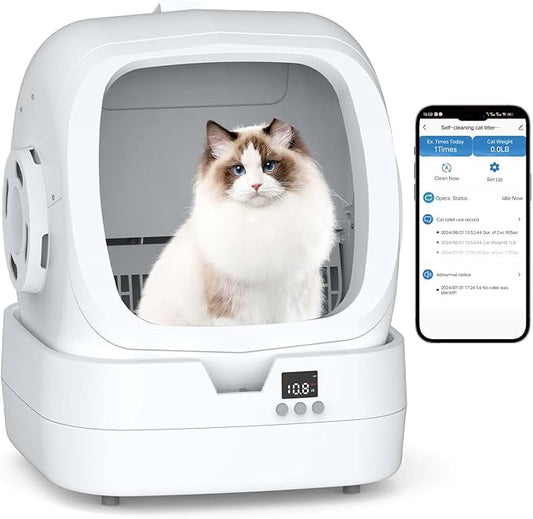 Automatic Cat Litter Box Self Cleaning - APP Control and Weight Monitoring - Ultra-Quiet, Suitable for Medium Cats and Kittens, Safe Anti-Pinch Litter Box (Assembly Required) - White