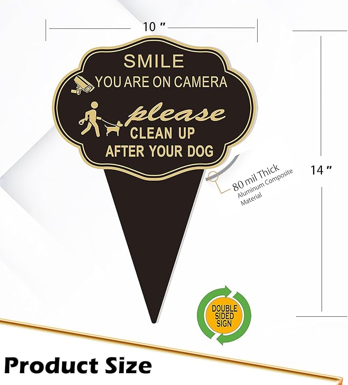 2 Pack Clean Up After Your Dog Sign, Smile You are on Camera Sign Double Sided 14”X10” No Pooping Dog Signs For Lawn or Yard With Integrated Stake Rust Resistant Aluminum for Outdoor Use