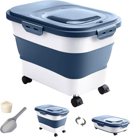 20-30 Lbs Rice Storage Container,Collapsible Food Storage Containers with Rolling Wheel Airtight Locking Lid,Flour Storage Container with Cup and Scoop,Suitable for Food,Rice,Pet Food,Flour