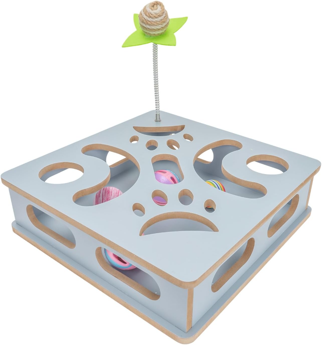 Interactive Wooden Cat Puzzle Toy Box Indoor Hunting Play Toy to Stimulate Your Cat’s Energy and Instincts (Blue)