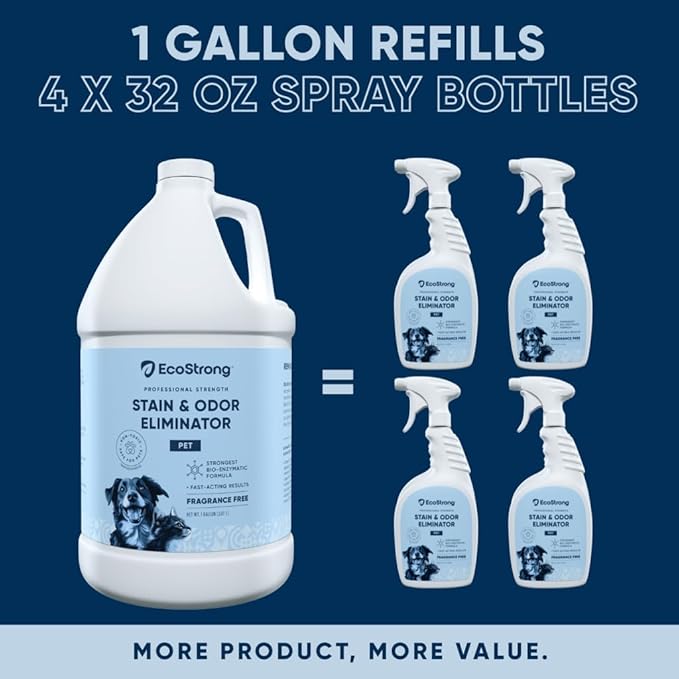 Eco Strong Pet Stain and Odor Remover - Cat Urine Enzyme Cleaner, Urine Destroyer for Dogs, Pet Urine Enzyme Cleaner [All New Fragrance Free] - 128oz