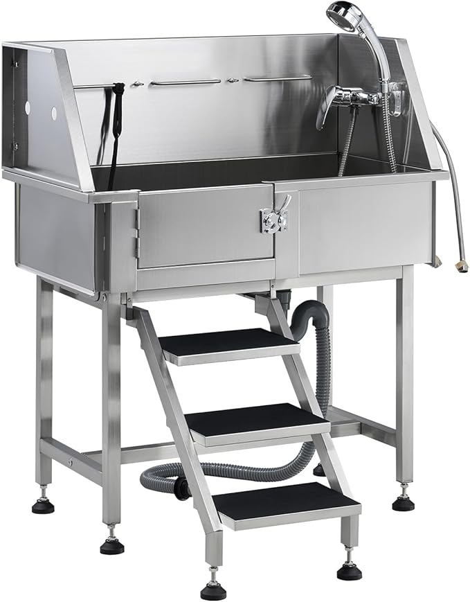Albott 34 Inch Stainless Steel Dog Washing Station with Non-Slip Steps, Sprayer, Faucet, Tow Rope – Professional Pet Bathtub for Small Dogs, Great for Home, Garage, Salon (Left Door)