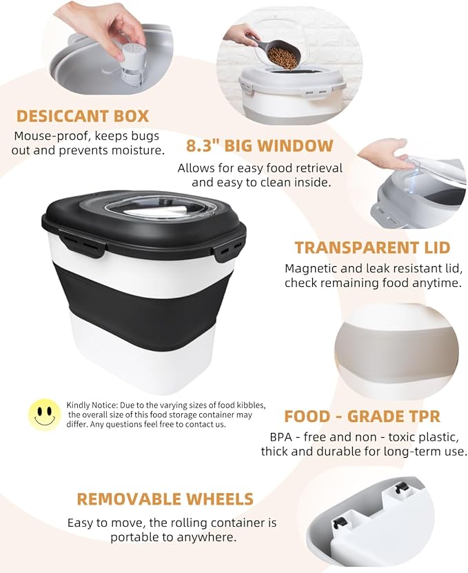 30-35 Lbs Dog Food Storage Container Collapsible Dog Food Container with Airtight Lids, Wheels, Scoop and 2pcs Food Storage Containers, Large Pet food storage for Dog, Cat (Black)