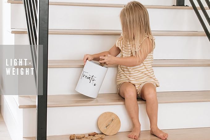 White Dog and Cat Treat Container with Easy to Open Bamboo Lid, 98 oz/12 cups