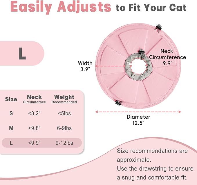Cat Cone Collar Soft, Adjustable Elizabethan Collar for Cats to Stop Licking, Comfortable Lightweight Kitten Cone for Wound Healing and Surgery Recovery,Pink,L