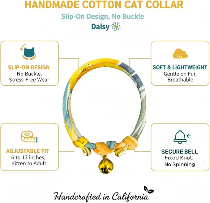 Handmade Cotton Cat Collar with Bell – Adjustable Slip-On Design, No Buckle, Lightweight Rope Collar for Kittens, Indoor Cats, and Small Pets (Daisy)