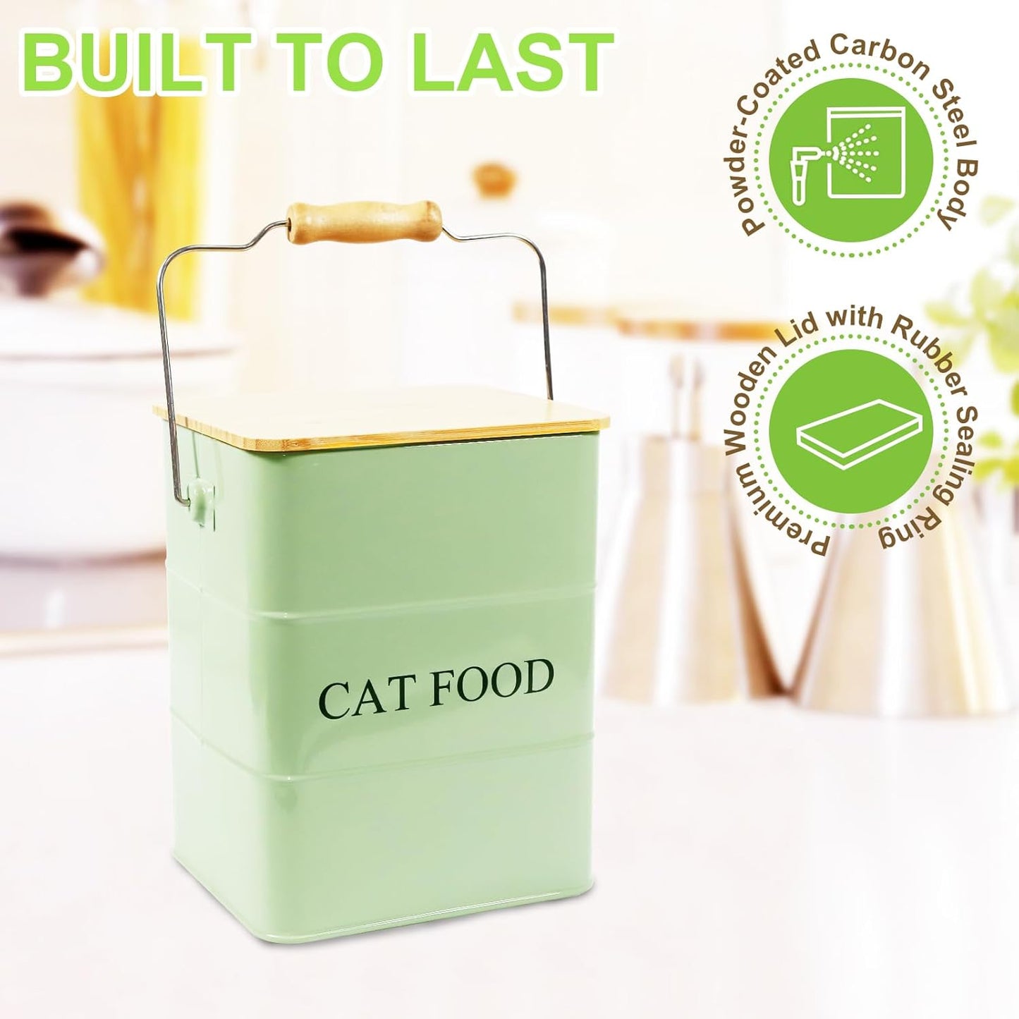 Cat Food storage container Cat Treats Jar,5~6 lb Metal food treats tin for Cat, pet snacks Canisters with wooden lid/handle/sevice scoop-Green