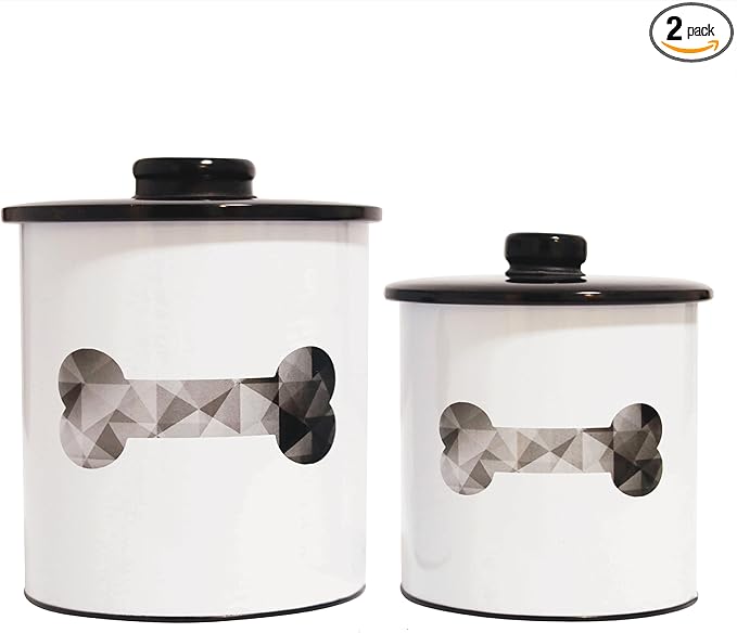 2pc Set Dog Treat Container with Lid, Round Tin Dog Treat Storage Jar for Countertop (Bone)