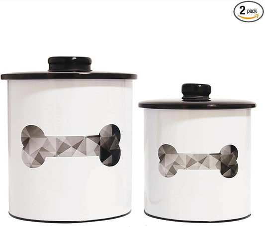 2pc Set Dog Treat Container with Lid, Round Tin Dog Treat Storage Jar for Countertop (Bone)