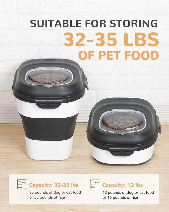 30-35 Lbs Dog Food Storage Container Collapsible Dog Food Container with Airtight Lids, Wheels, Scoop and 2pcs Food Storage Containers, Large Pet food storage for Dog, Cat (Black)