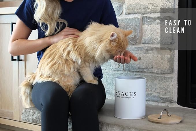 White Dog and Cat Treat Container with Easy to Open Bamboo Lid, 8.5 cups/ 70 fl oz.