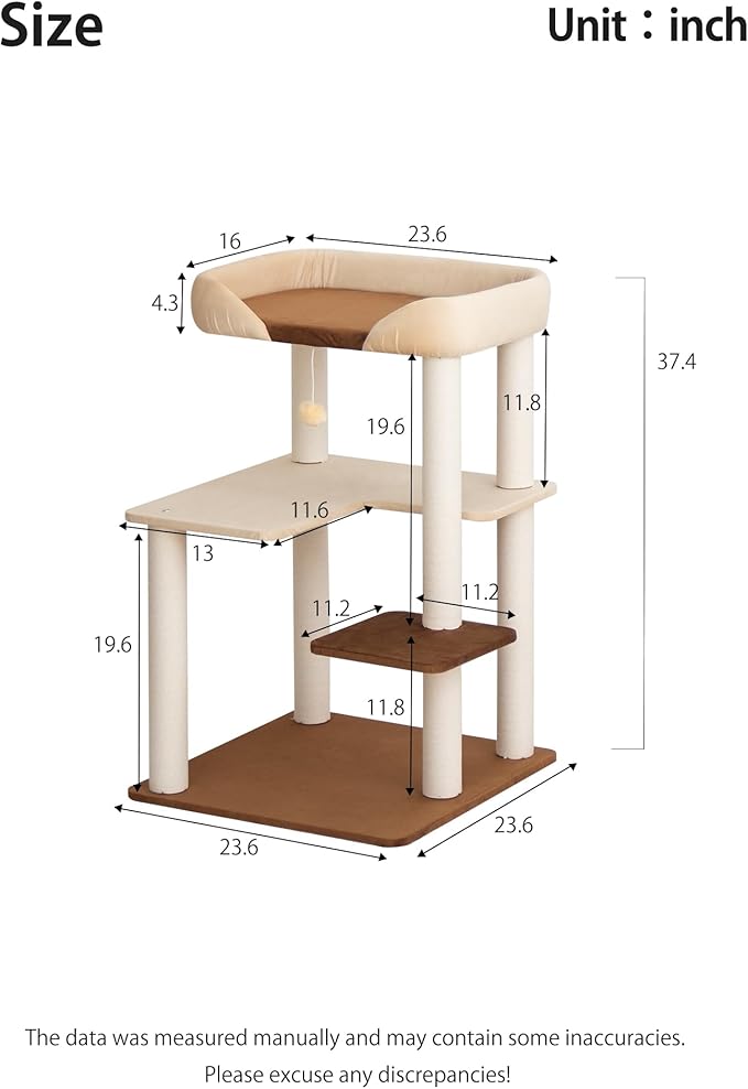 Cat Tree for Large Cats, Modern Senior Friendly Cat Tower with Wide Shelves, Cotton Scratching Posts, Super Sturdy Base, Cozy Perches, and Interactive Toys for Indoor Kittens, 37.4'' Cream.