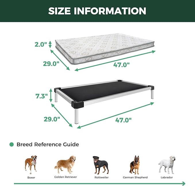 FXW TitanNest Chew-Proof Elevated Dog Bed, Raised Cot for Indoor/Outdoor/Camping Use, Durable & Washable Padded Pet Bed with Exclusive Cover for Large Dogs, 47.0" L x 29.0" W x 7.3" H, Black