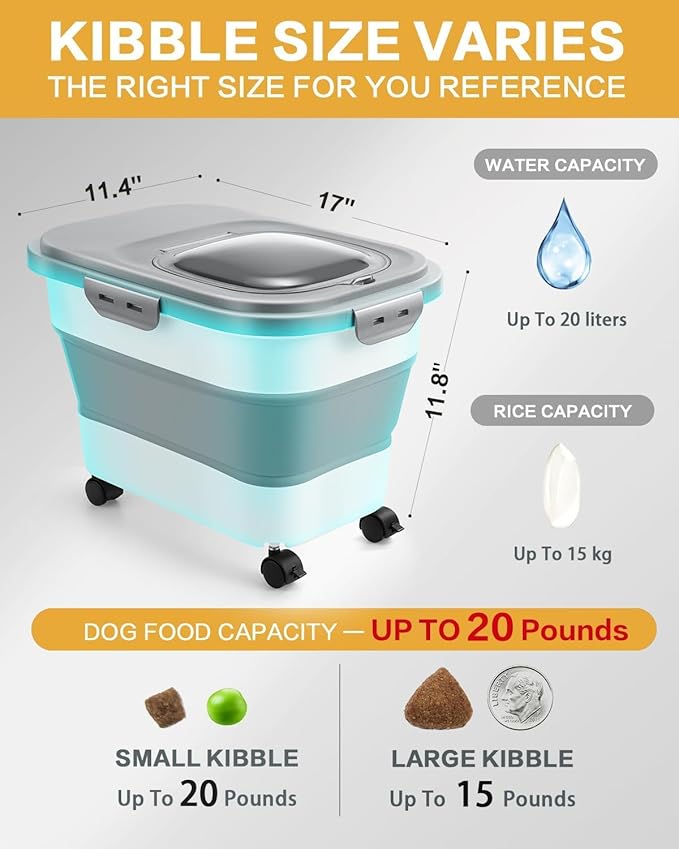 ANVS 20Lbs Dog Food Storage Container Collapsible Dog Food Container with Airtight Lids,Wheels, Scoop and 2.5L Small Pet Food Storage Container Dry Food For Dog, Cat and Other Pet Food (Gray-2)