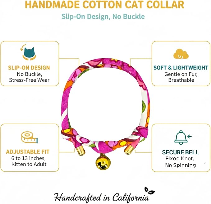 Handmade Cotton Cat Collar with Bell – Adjustable Slip-On Design, No Buckle, Lightweight Rope Collar for Kittens, Indoor Cats, and Small Pets (Peep)