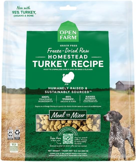 Open Farm, Freeze Dried Raw Dog Food, Morsels with 95% Meat, Organs & Bone, Organic Produce & Superfoods, Complete Meal or Freeze Dried Dog Food Topper, Turkey Recipe, 22oz Bag