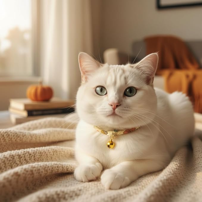 Halloween Cotton Cat Collar with Bell – Adjustable Slip-On Design, No Buckle, Lightweight Rope Collar for Kittens, Indoor Cats, and Small Pets (Amber)