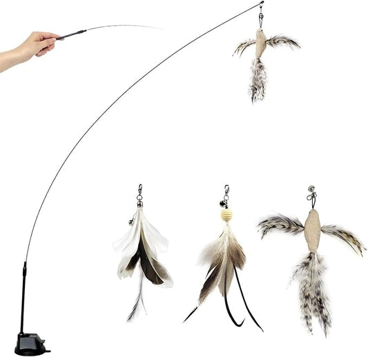 TTcat Cat Wand Toys with Suction Cup, Interactive Bird Simulation Cat Toy Set,Cat Teaser Cat Toys,Flexible Steel Wire and 3Pcs Replacement Feather Refills with Bells.