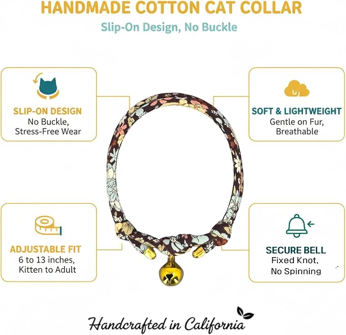 Handmade Cotton Cat Collar with Bell – Adjustable Slip-On Design, No Buckle, Lightweight Rope Collar for Kittens, Indoor Cats, and Small Pets (Mocha)