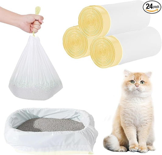 24 Count Cat Litter Box Liners - Large Drawstring Cat Litter Bags, Extra Thick Heavy Duty Durable Litters Tray Pet Cats Pan Liners, Waste Replacement Bags for Self-Cleaning Cats Litter Boxes 18" x 37"