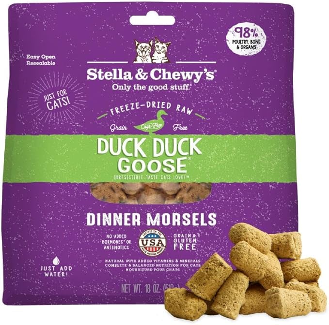 Stella & Chewy's Freeze-Dried Raw Cat Dinner Morsels - Premium Duck & Goose Recipe with 98% Cage-Free Poultry & Organs - Natural Grain-Free Cat & Kitten Food - Made in USA - 18 oz