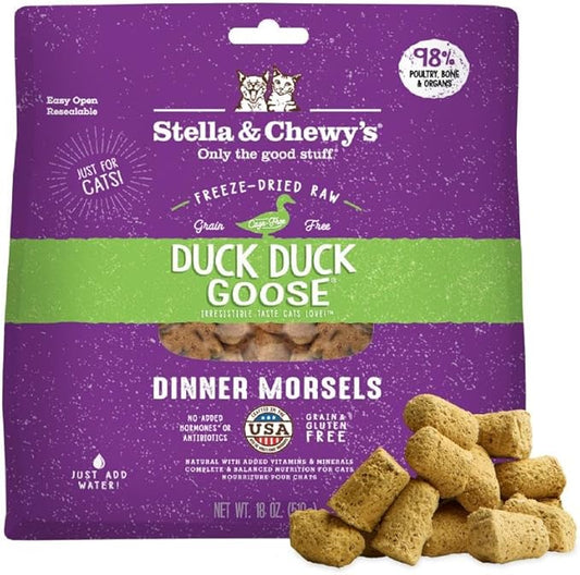 Stella & Chewy's Freeze-Dried Raw Cat Dinner Morsels - Premium Duck & Goose Recipe with 98% Cage-Free Poultry & Organs - Natural Grain-Free Cat & Kitten Food - Made in USA - 18 oz