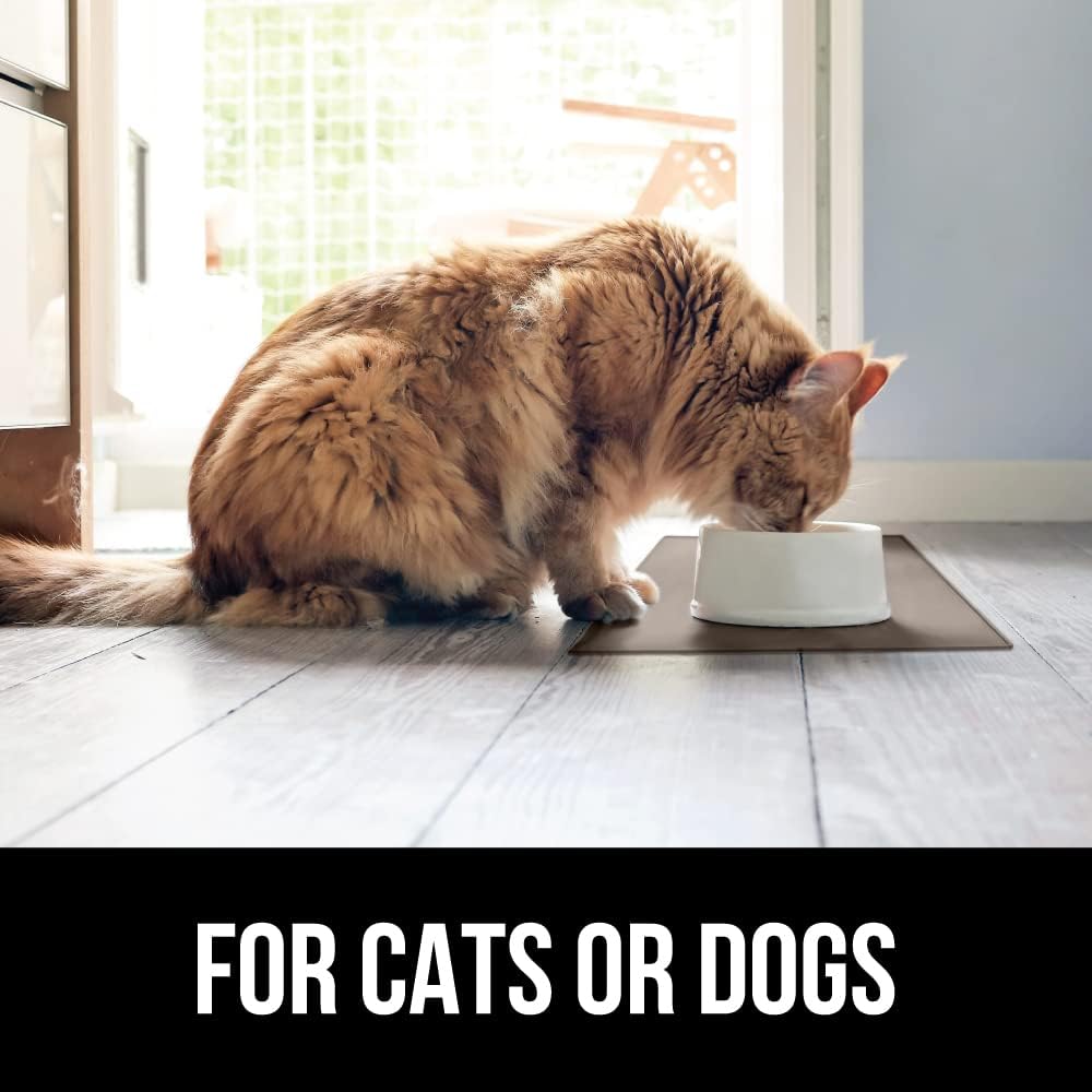 GORILLA GRIP 100% Waterproof Raised Edge BPA Free Silicone Pet Feeding Mat, Dog Cat Food Mats Contain Spills Protects Floors, Placemats for Cats and Dogs Water Bowl, Pets Accessories 16x10, Beige