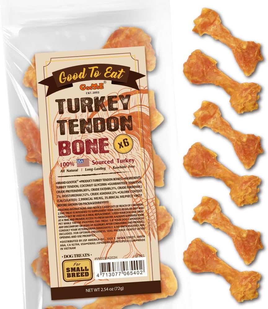 Gootoe Turkey Tendons for Dogs –All-Natural, Hypoallergenic Dog Treats, Rawhide Alternative, Long Lasting Puppy Chews, Healthy Dog Treats for Small Breeds, Bone (S), 6 Count Pack