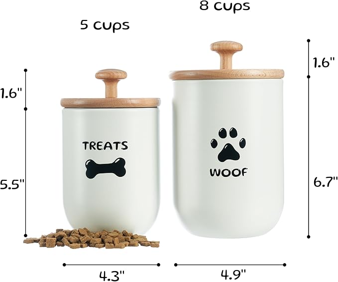 Dog Treat Container Set of 2, Dog treat jar with Airtight Lid, Small dog food container, Dog Cookie Jar for kitchen Counter, Treats Canister, Pet Treat Container 8.3x4.9 & 7.1x4.3 (White)