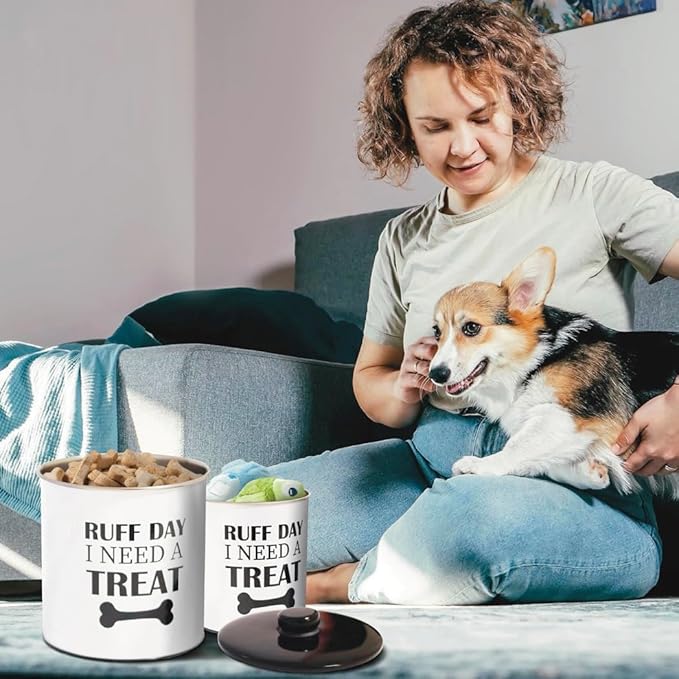 2pc Set Dog Treat Container with Lid, Round Tin Dog Treat Storage Jar for Countertop (Ruff Day)