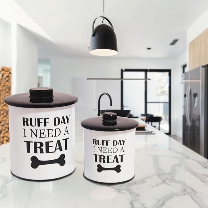 2pc Set Dog Treat Container with Lid, Round Tin Dog Treat Storage Jar for Countertop (Ruff Day)