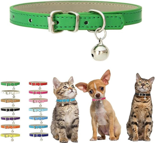 Green Kitten Collar with Bell, Soft Pu Leather Small Dog Collars Adjustable Buckle for XXS XS Extra Small Medium Tiny Female Male Boys Girls Pets Puppy Cats Teacup Yorkie XX-Small